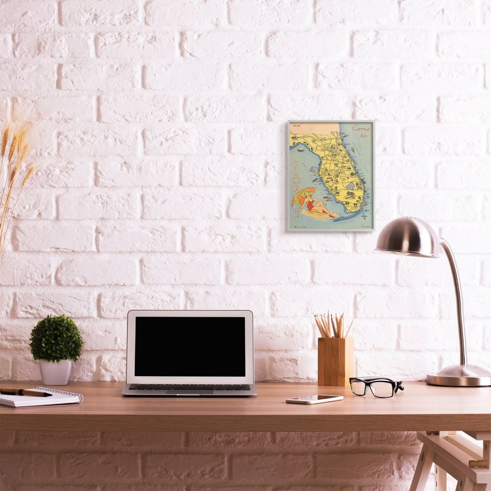 Stupell Industries Antique Florida Map Retro Beach Girl Postcard Print Framed Wall Art Design by Wild Apple Portfolio, 11" x 14", Gray Framed