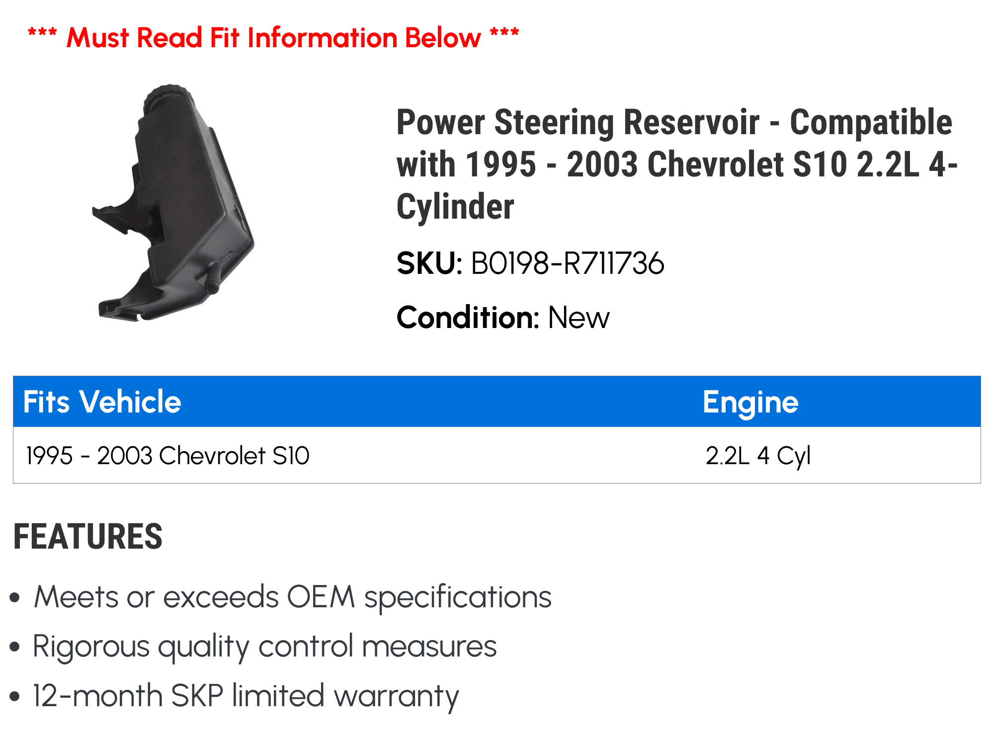 Power Steering Reservoir - Compatible with 1995 - 2003 Chevy S10 2.2L 4-Cylinder 1996 1997 1998 1999 2000 2001 2002