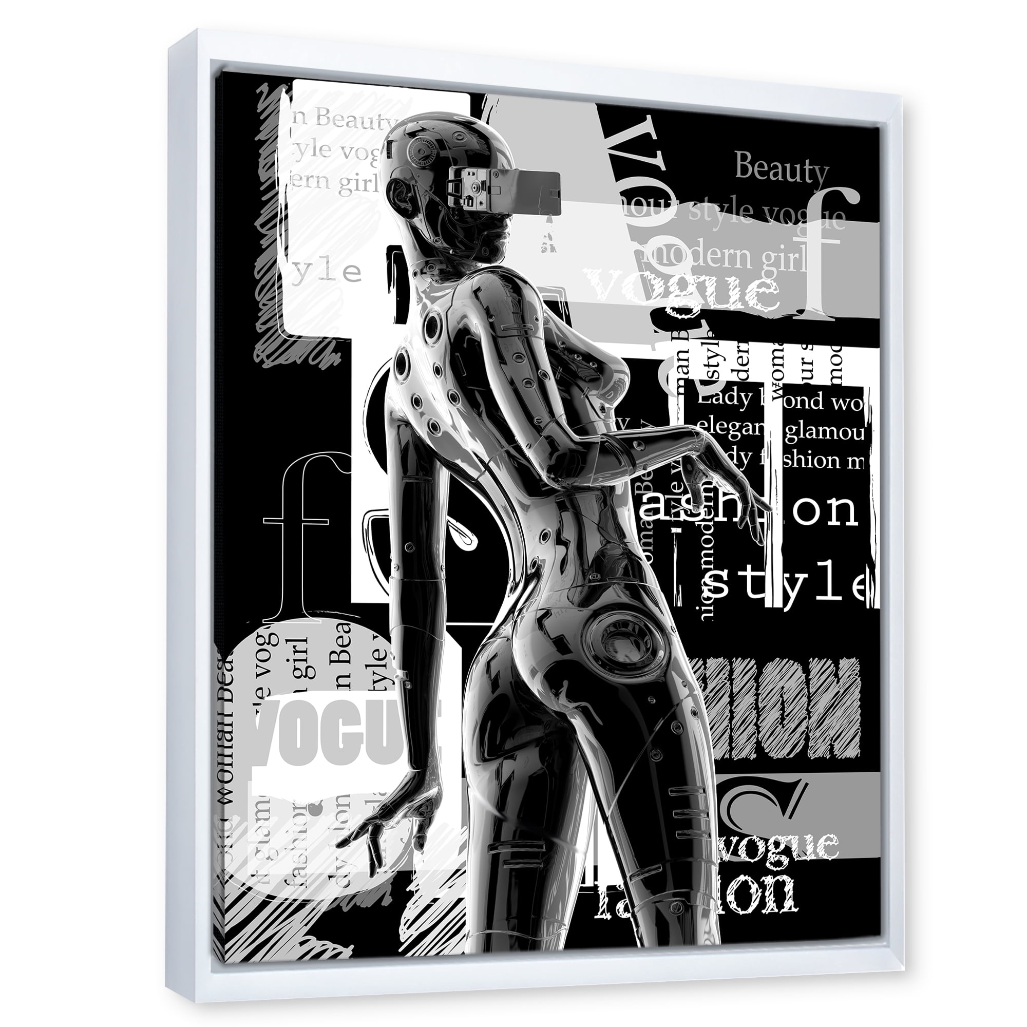 Designart 'Black and White Cyborg Body I' Modern Framed Canvas Wall Art Print