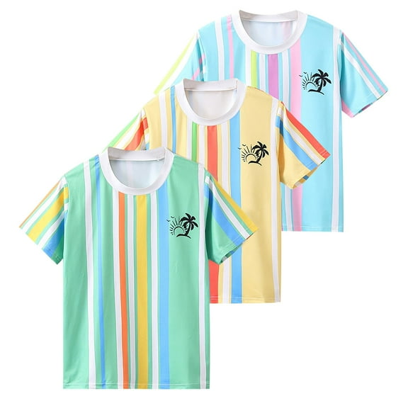 Delliss Boys Rainbow Striped 3-Pack Shirts for Kids Short Sleeve Cotton T-Shirts Crew Neck Tops 8-14 Years