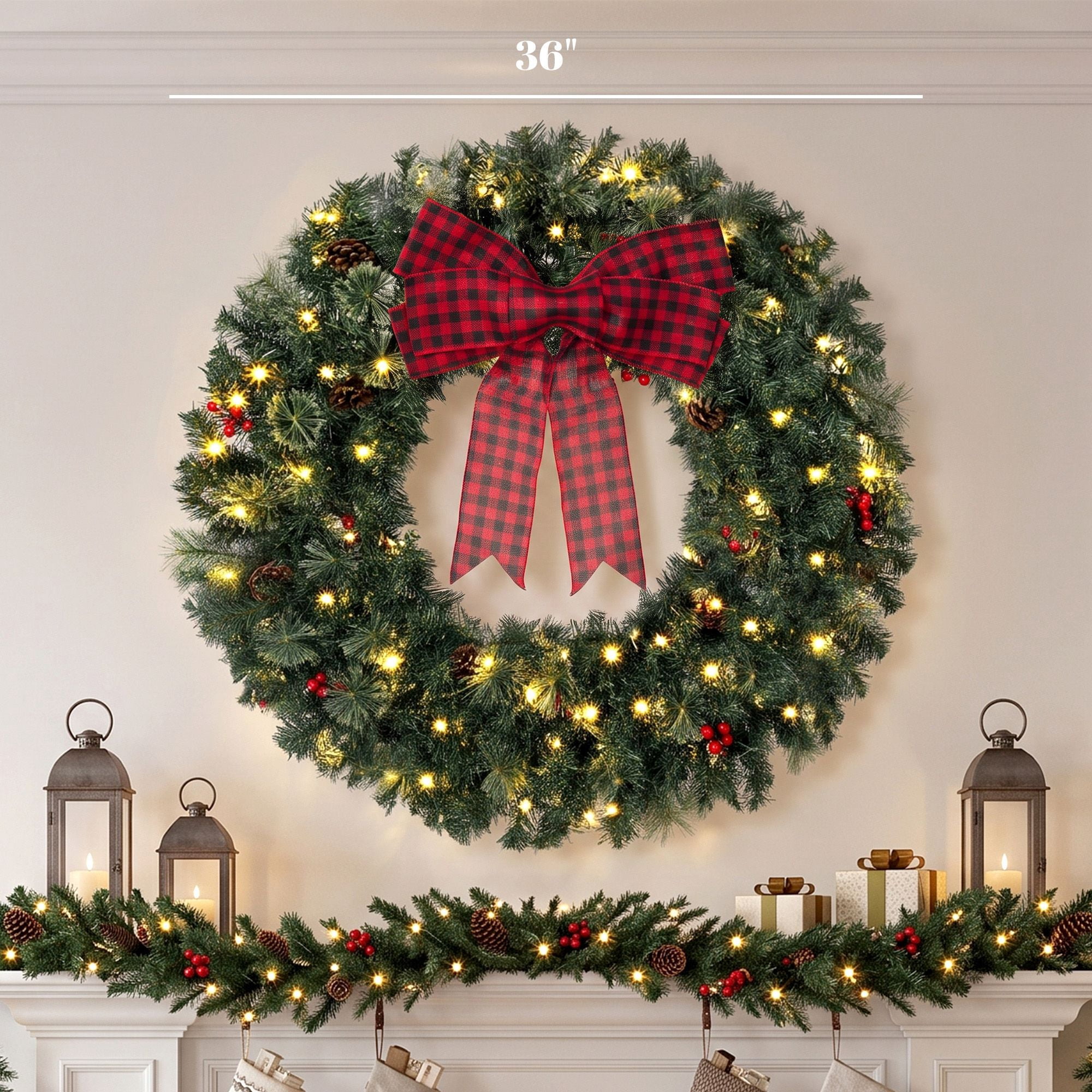 Pre-Lit Artificial Christmas Wreath, 36-Inch Crestwood Spruce with 100 Warm White LED Lights, 8 Modes, Red Berries, Pinecones, Buffalo Plaid Bow, Indoor and Covered Outdoor Use