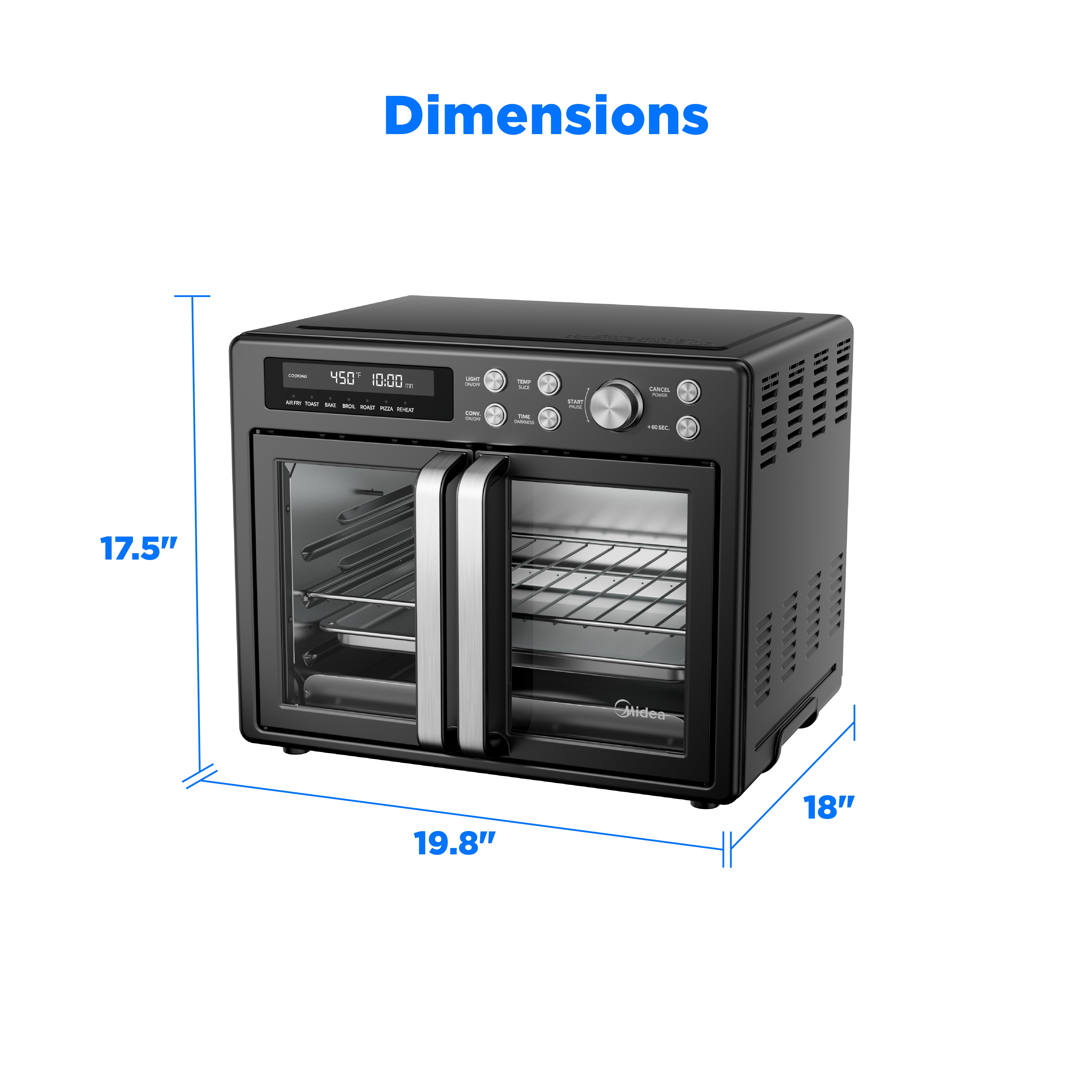 Midea Flexify™ French Door Toaster Oven Air Fryer Combo, 26.4 Qt, 7 Presets, Pizza Oven, Black