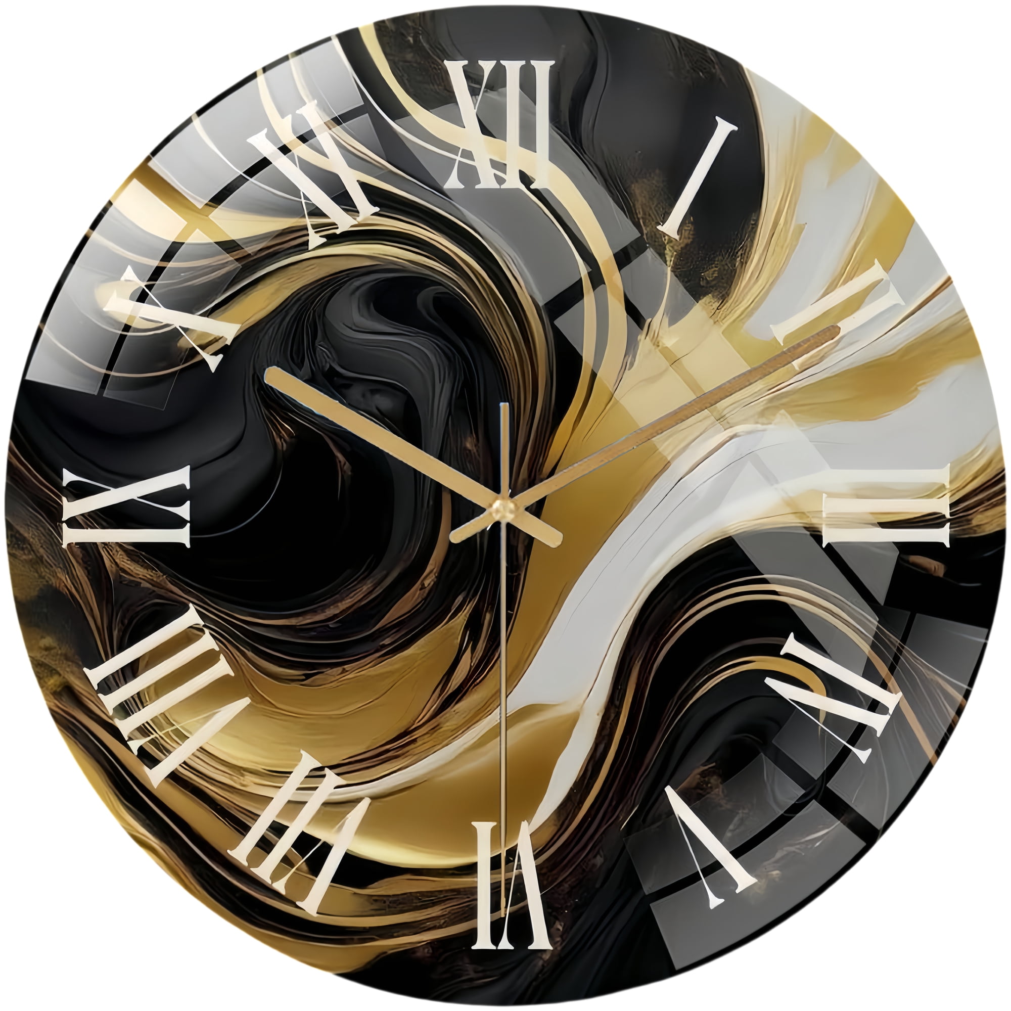 Round Glass Wall Clock, Black Gold Swirl Glass Wall Clock – Modern Abstract Art, Sleek Luxury