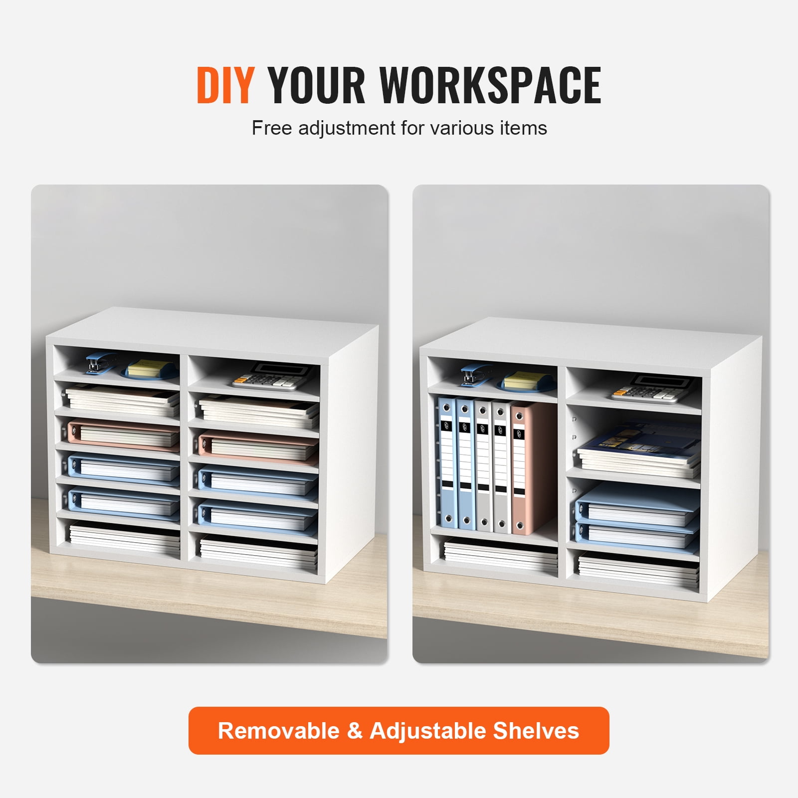 KFFKFF Wood Literature 12 Compartments Organizer Adjustable File Sorter White