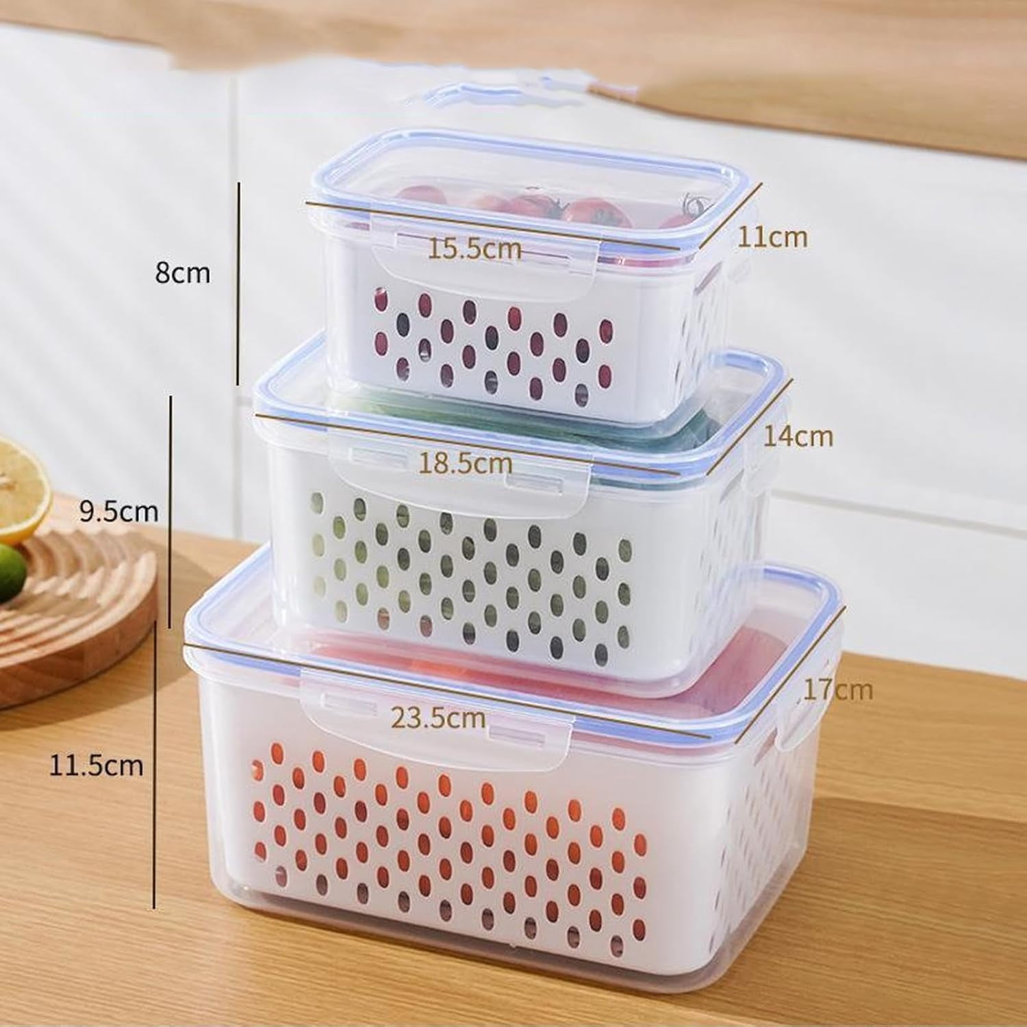 Fruit Vegetable Storage Containers for Fridge, 4 in 1 Food Storage Containers with Lids, Stackable Fruit Storag𝐞 Container𝐬, for Vegetables & Frui𝐭 Organization (B,3PC)
