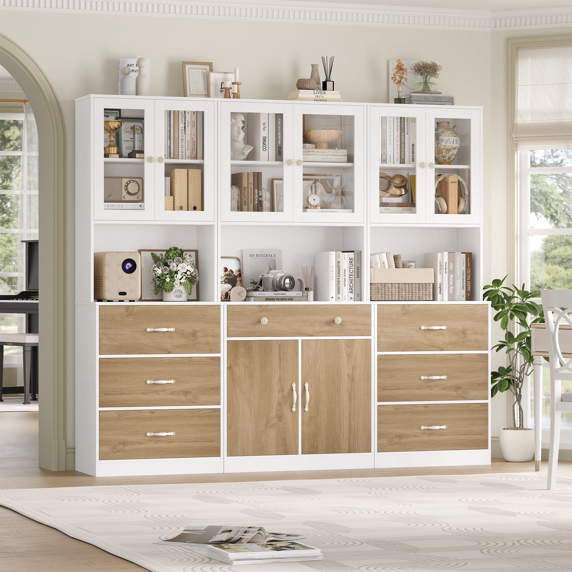 Homfa 71" Tall Kitchen Pantry Cabinet, Freestanding Storage Cupboard with Glass Doors, 3 Drawers & Adjustable Shelves, Modern Coffee Bar Cabinet for Kitchen Dining Room Living Room White Khaki