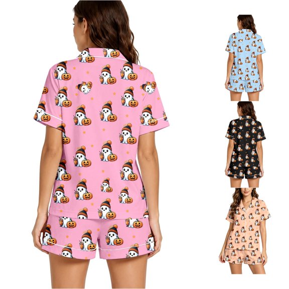 RMGVDSD Pajama Sets for Women 2 Piece Halloween Ghost Pumpkin Print Pajamas Short Sleeve Top and Shorts Cozy Loungewear Outfit for Holiday Party