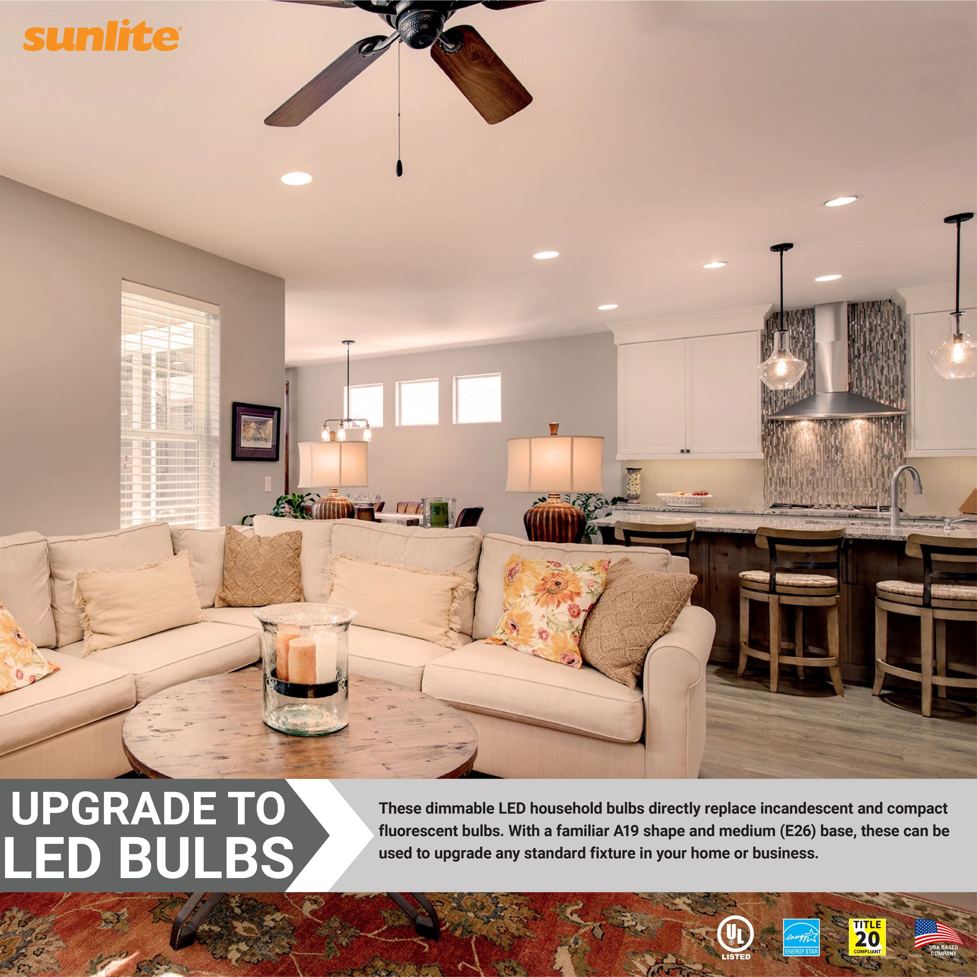Sunlite LED A19 Standard Household Light Bulb, 9 Watts (60W Equivalent), Medium E26 Base, Dimmable,UL Listed, 3000K Warm White, 6-Pack