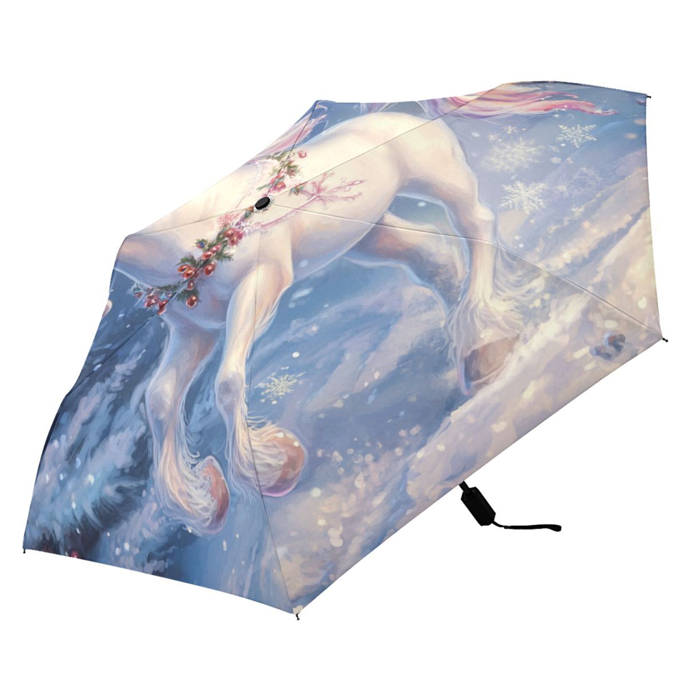 Unicorns with Christmas Elements All Weather Umbrella Triple Folding Parasol 6 Ribs UV Protection Portable