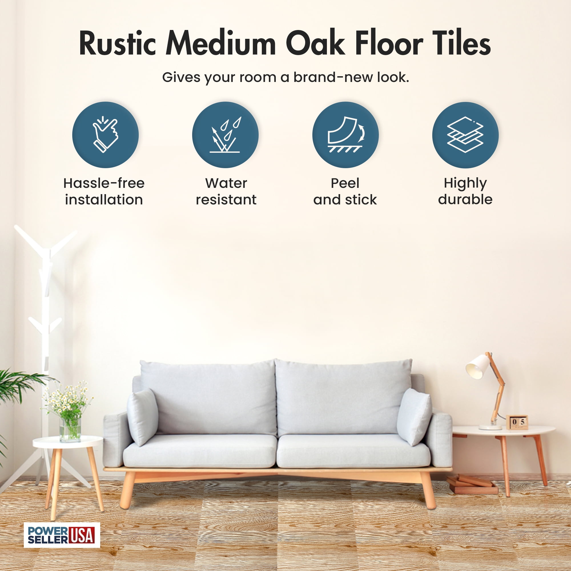 PowerSellerUSA Vinyl Self Adhesive Floor Tiles, 20 Pcs 12 x 12 inches Contemporary Wood Grain Peel and Stick Floor Tile Stickers, Square Flooring Tiles for Kitchen, Bedroom, and Bathroom, Gray Oak