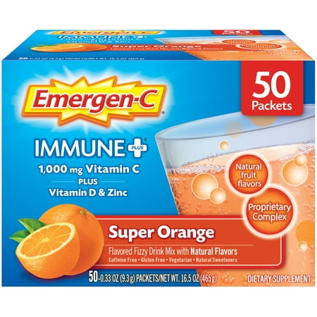 Emergen-C Immune+ Vitamin C Powder, with Vitamin D and Electrolytes for Immunity, Super Orange Flavor - 50 ct