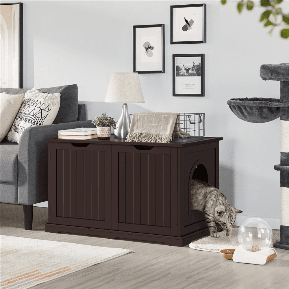 Topeakmart Wooden Cat Litter Box Enclosure with Partition Wall, Espresso