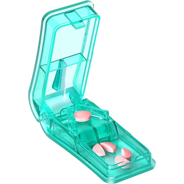 Cortador de pastillas, divisor de pastillas con cuchilla y compartimento para pastillas pequeñas o grandes. Corta pastillas y tabletas en mitades o cuartos (verde).