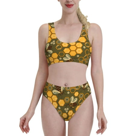 Bixox Bees and Honeycombs Pattern Two-Piece Sports Bikini with U-Shaped Top and High-Waist Bottom - Women s Swimwear with Removable Bra Pads