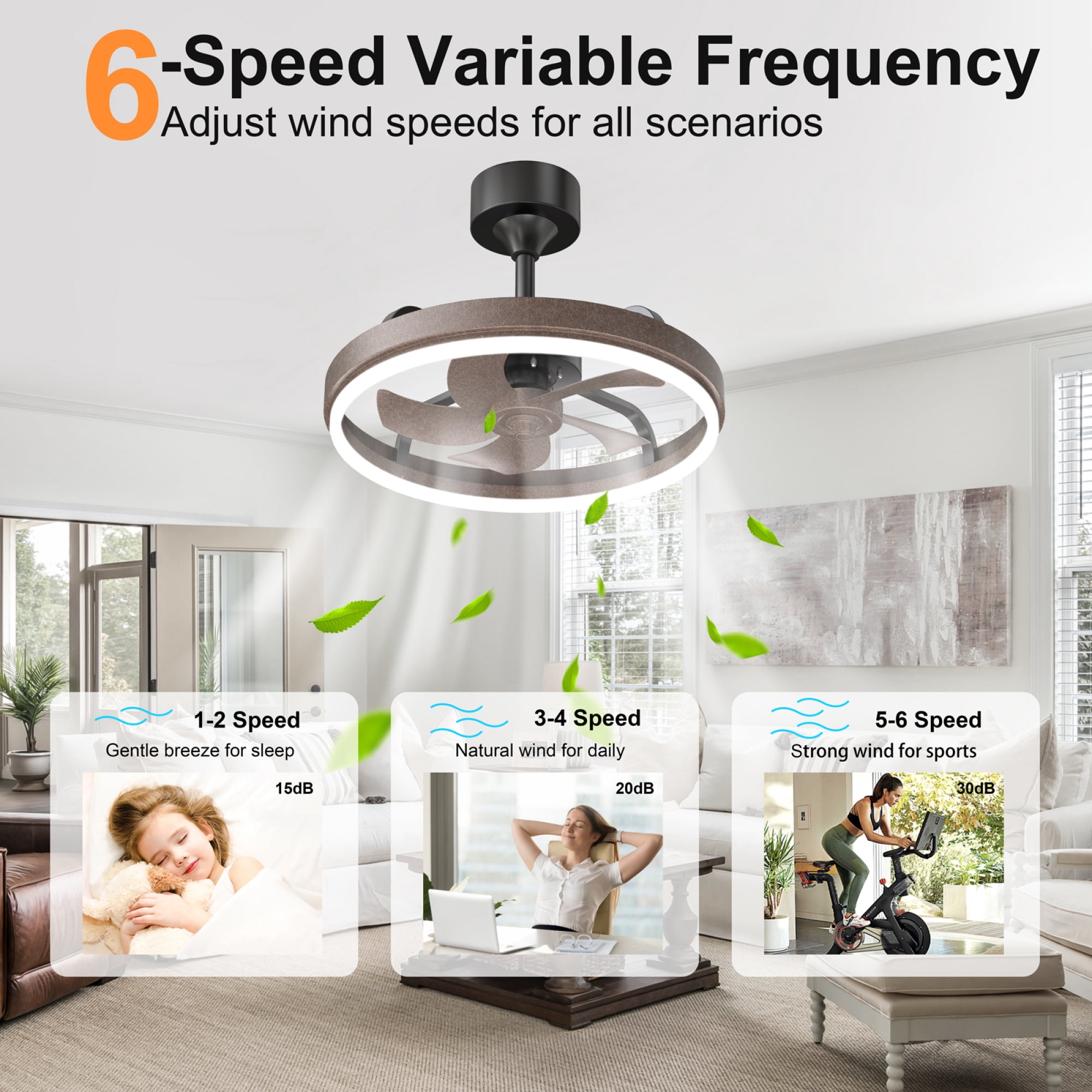 Leumius 20.5" Rustic Brown Ceiling Fans with Lights Remote & APP Control, Downrod Mount Dimmable LED Fandelier, 6 Speeds Quiet DC Motor, Modern Ceiling Fan for Bedroom Living Room