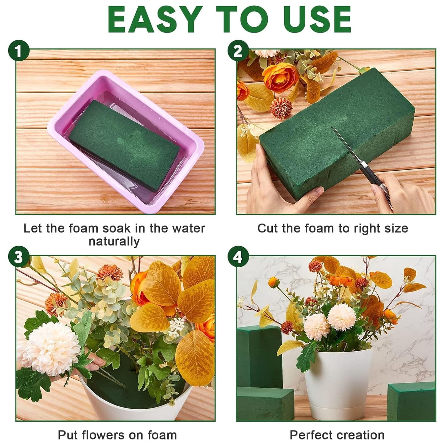 OFEFE 4 Pcs Wet Dry Flower Foam Blocks Florist Supplies,Vase Floral Foam Blocks,Artificial and Fresh Flower Arrangement Lightweight Absorbent,Green