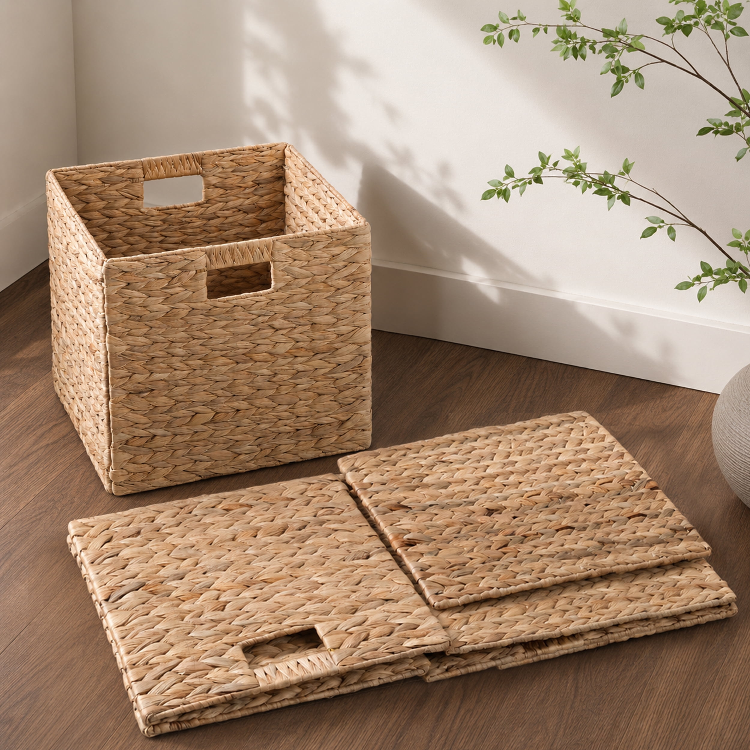 Leumius Water Hyacinth Folding Storage Baskets Set of 2,12.6" x 12.6" x 12.6", Handwoven Cube Baskets with Cutout Handles – Shelf Organizer, Toy Storage, Closet Storage