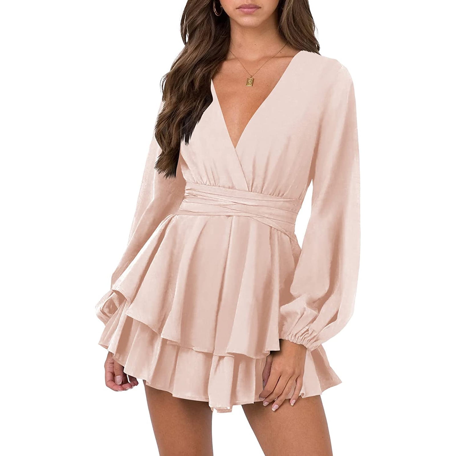 Imcute Women Short Wrap Dress Multilayered Ruffled Hem Elegant Deep V