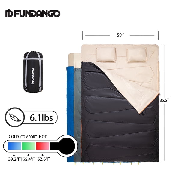 FUNDANGO 2 Person Sleeping Bag for Adults Black Double Camping Sleeping Bags 220*150cm, Queen Size Two Person Sleeping Bags with Compression Sack 39.2°F-62.6°F, 6.1lbs, Black