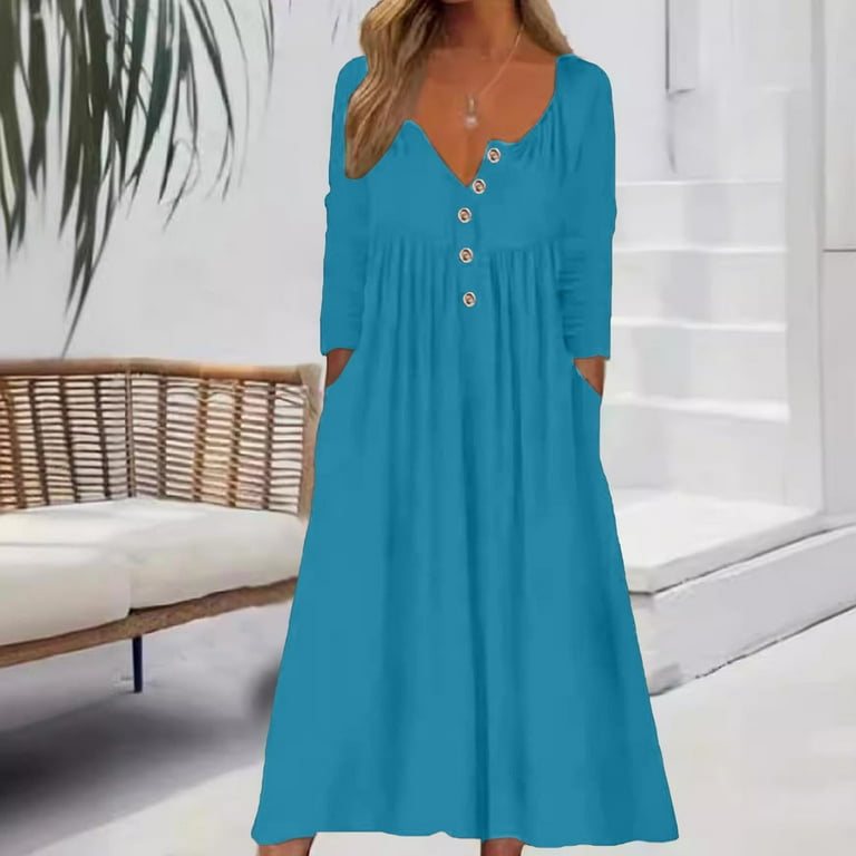 SMihono Women's Boho Solid Long Sleeve Maxi Dress Button Up Casual Loose  Henley Neck Spring Vacation Dresses with Pockets Blue 10 - Walmart.com