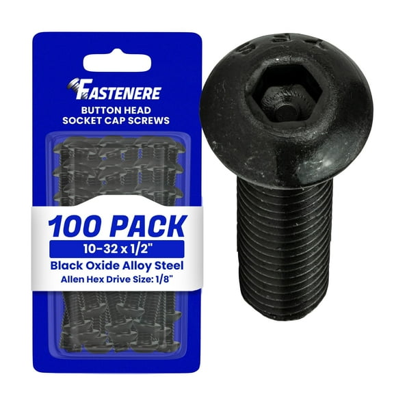 Fastenere Button Head Socket Cap Screws - 10-32 x 1/2" (100-Pcs) Alloy Steel, Fully Threaded, Fine Black Oxide Finish, Corrosion-Resistant, Machine Thread, Easy to Install w/ Allen Hex Drive