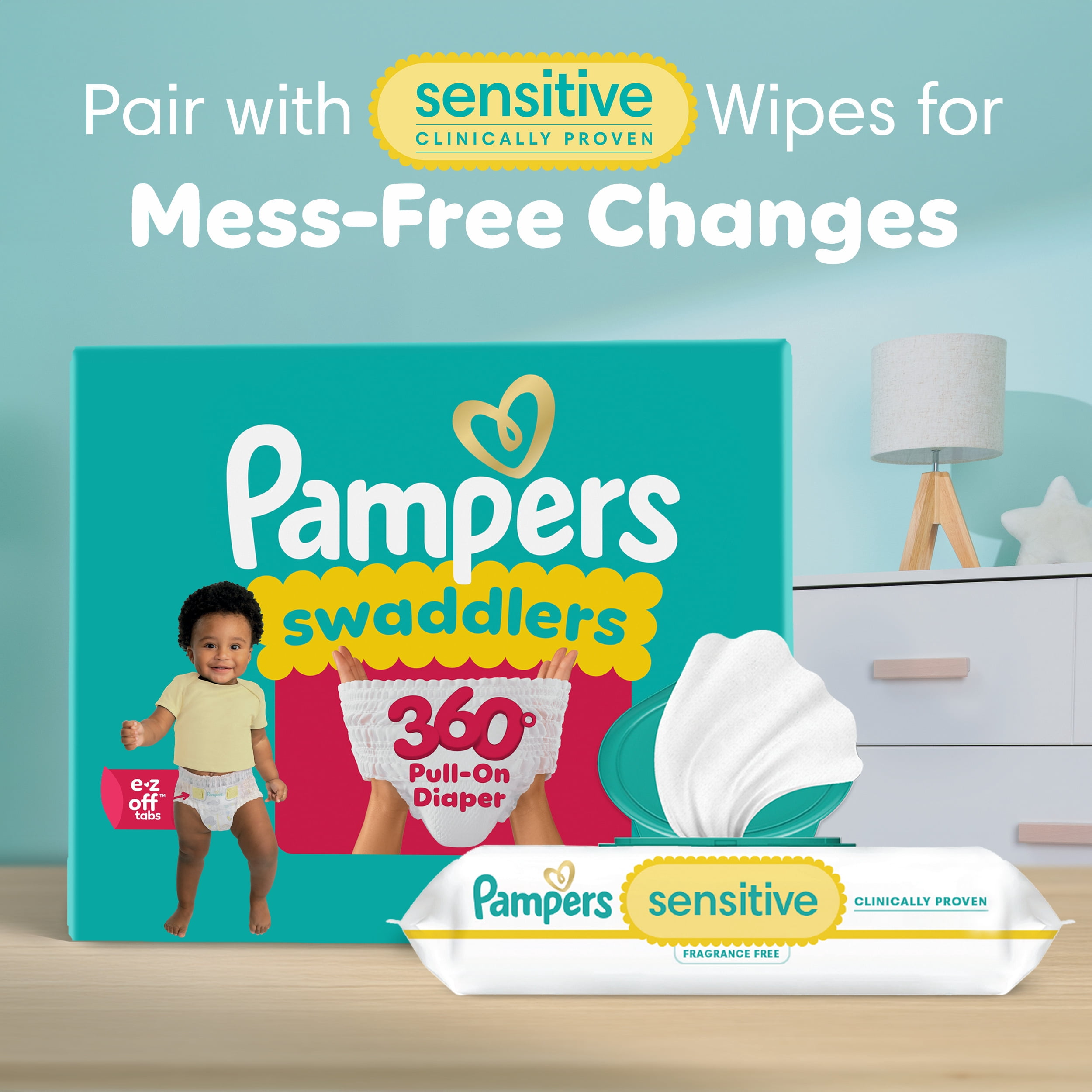 Pampers Diapers - Swaddlers 360° - Size 7, up to 100% Leakproof Comfy Dry Fit, EZ Off Tabs Designed for Easy Changes, Pull On Diaper