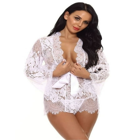 Tao Tao Women Kimono Robe Floral Lace Babydoll Chemise Sheer Mesh Nightgown White S