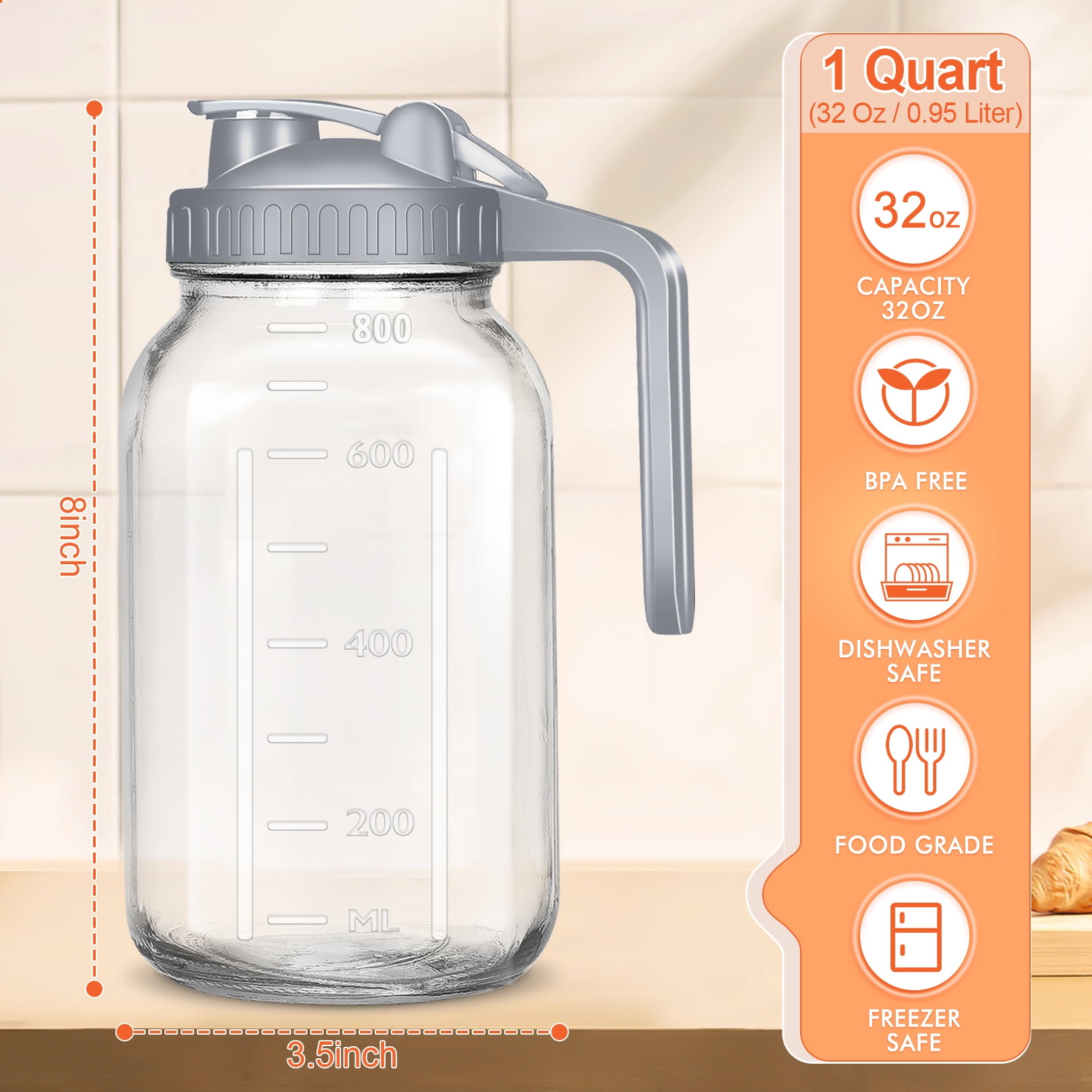 32 OZ 2Packs Glass Pitchers with Handle and Lid, 32oz Breast Milk Pitcher, Wide Mouth Mason Jar Pitcher, Leak Proof Drink Pitcher Water Pitcher, for Breastmilk, Water, Juice, Milk, Tea, Iced Coffee
