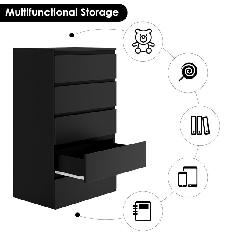 black 5 drawer dresser walmart Homhougo Dresser for Bedroom Black with 5 Drawers, Tall Wood Organizer Storage Cabinet with Round Handle, Drawer Dresser for Closet, Living Room,