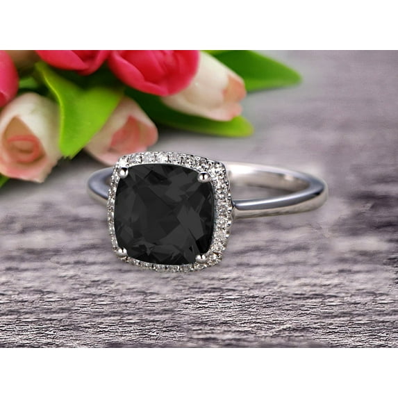1.55 Carat Cushion Black Diamond Moissanite Engagement Ring on 10k White Gold Halo