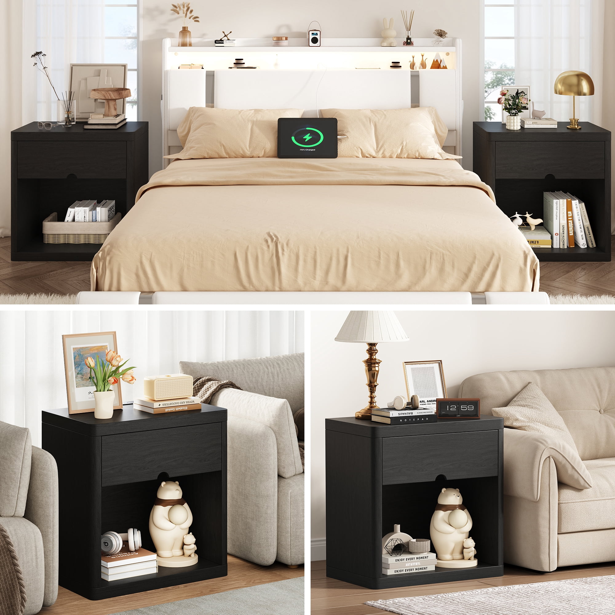NEGYLIM 24" Wood Nightstand with USB Charging Station, Bedside Table with Safe Rounded Corners & Crescent Handles – Sturdy End Table for Bedroom, Living Room, Nursery (Black, 1-Piece)