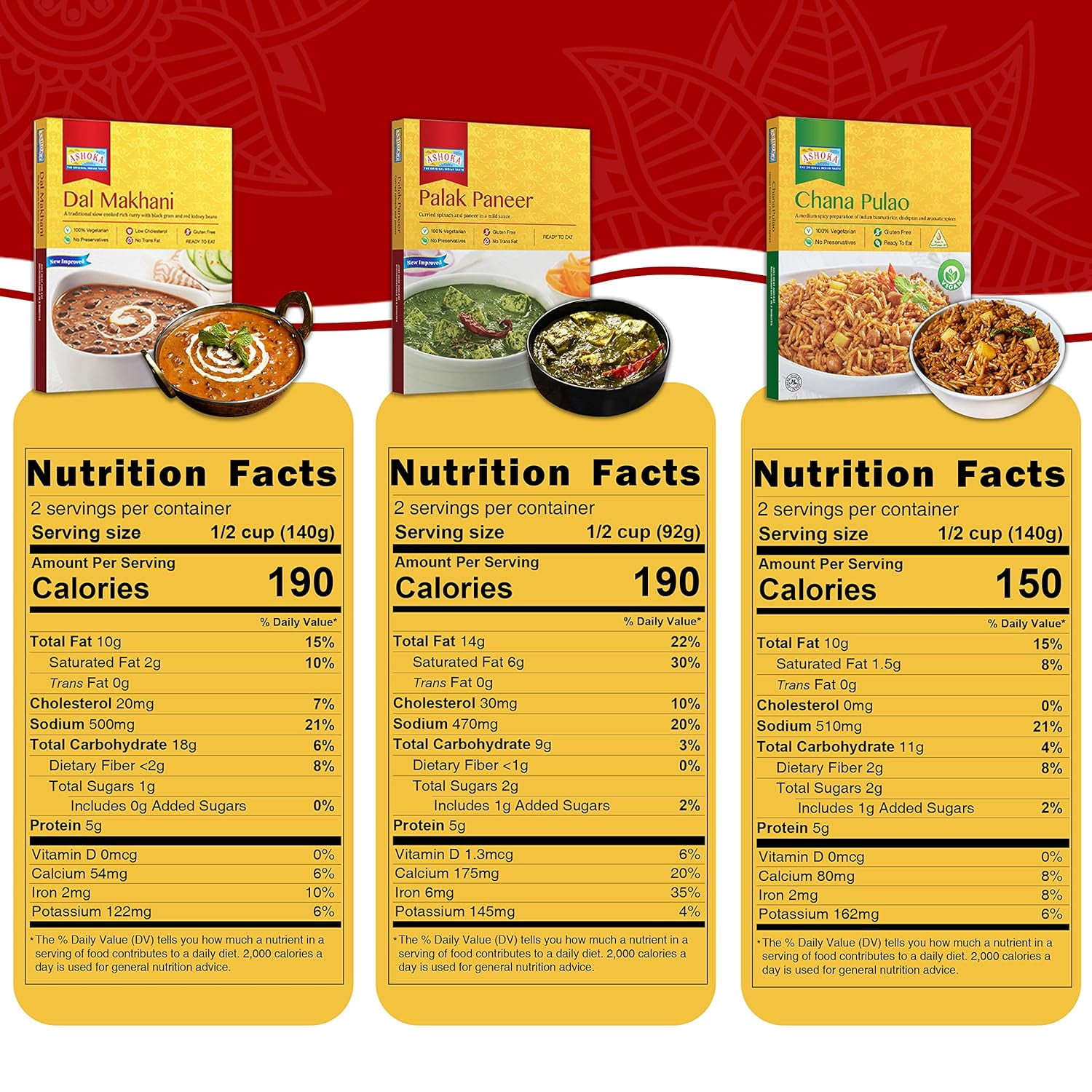 Ashoka Ready to Eat Meals 1932, Vegetarian Meal Kit, All-Natural Variety Pack, Kosher Certified, Traditionally Cooked Indian Food, Travel Friendly, Gluten-Free & with No Preservatives, Pack of 6