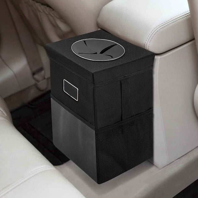 Bote de basura para coche con tapa, plegable y portátil, impermeable, cubeta de basura multiusos, negro