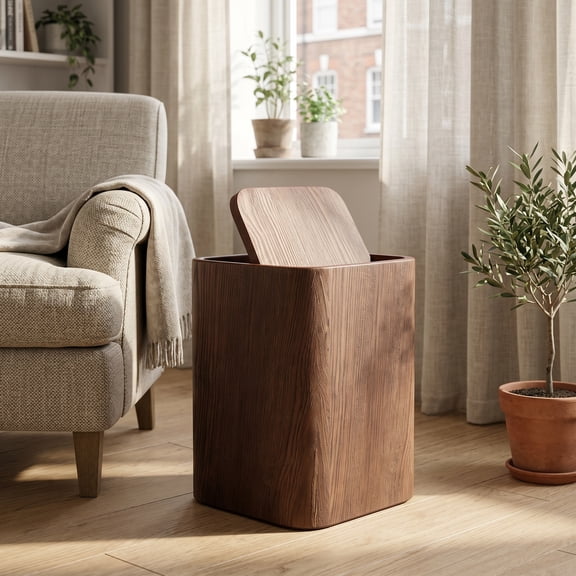TABLZONE Kitchen Trash Can with Lid, Coffee Wood Grain Design, Elegant Silent Waste Bin for Home and Office