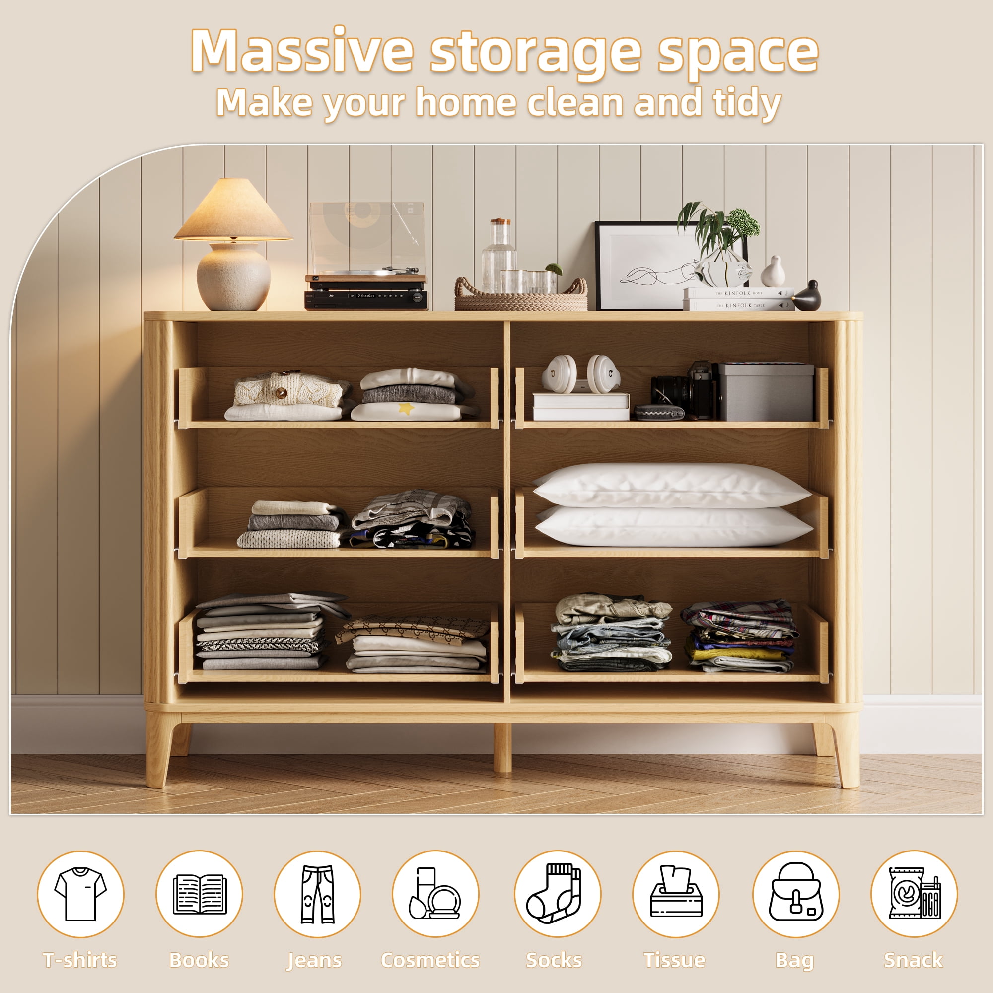 UGTOO 45.2"L 6-Drawers Dresser, Natural Wood Storage Cabinet for Bedroom & Living Room Slim Space-Saving Organizer with Smooth Gliding Drawers, 25 lbs/Drawer Capacity