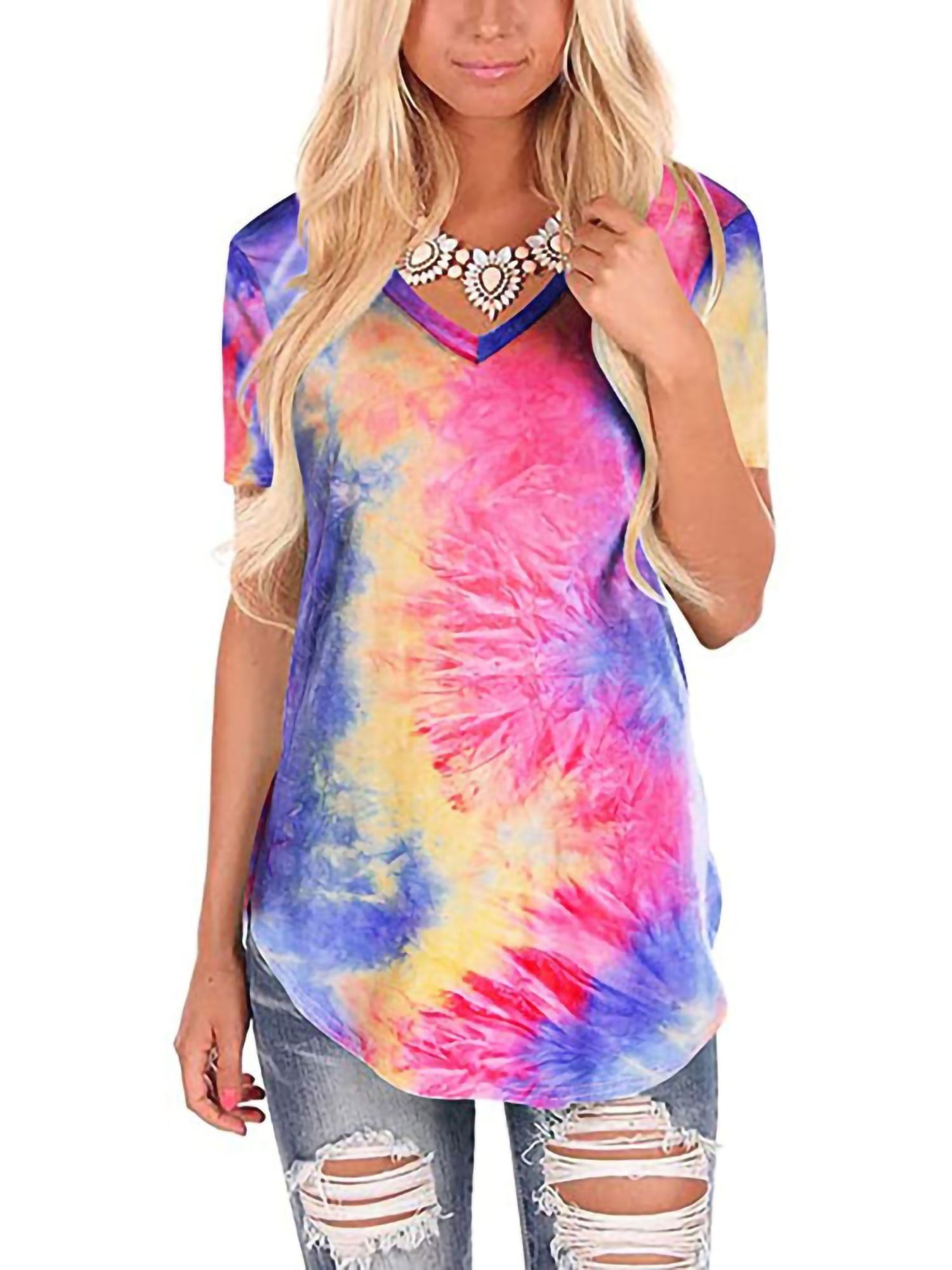 Womens Summer Tie Dye Shirts V-Neck Short Sleeve Tee Casual Tops Womens Summer Tie Dye Shirts V-Neck Short Sleeve Tee Casual Tops