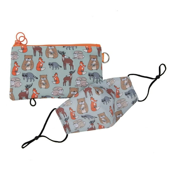 ZIPIT Face-It Kit, Pouch with Antibacterial Material + Matching Face Mask for Kids (Grey Animals)