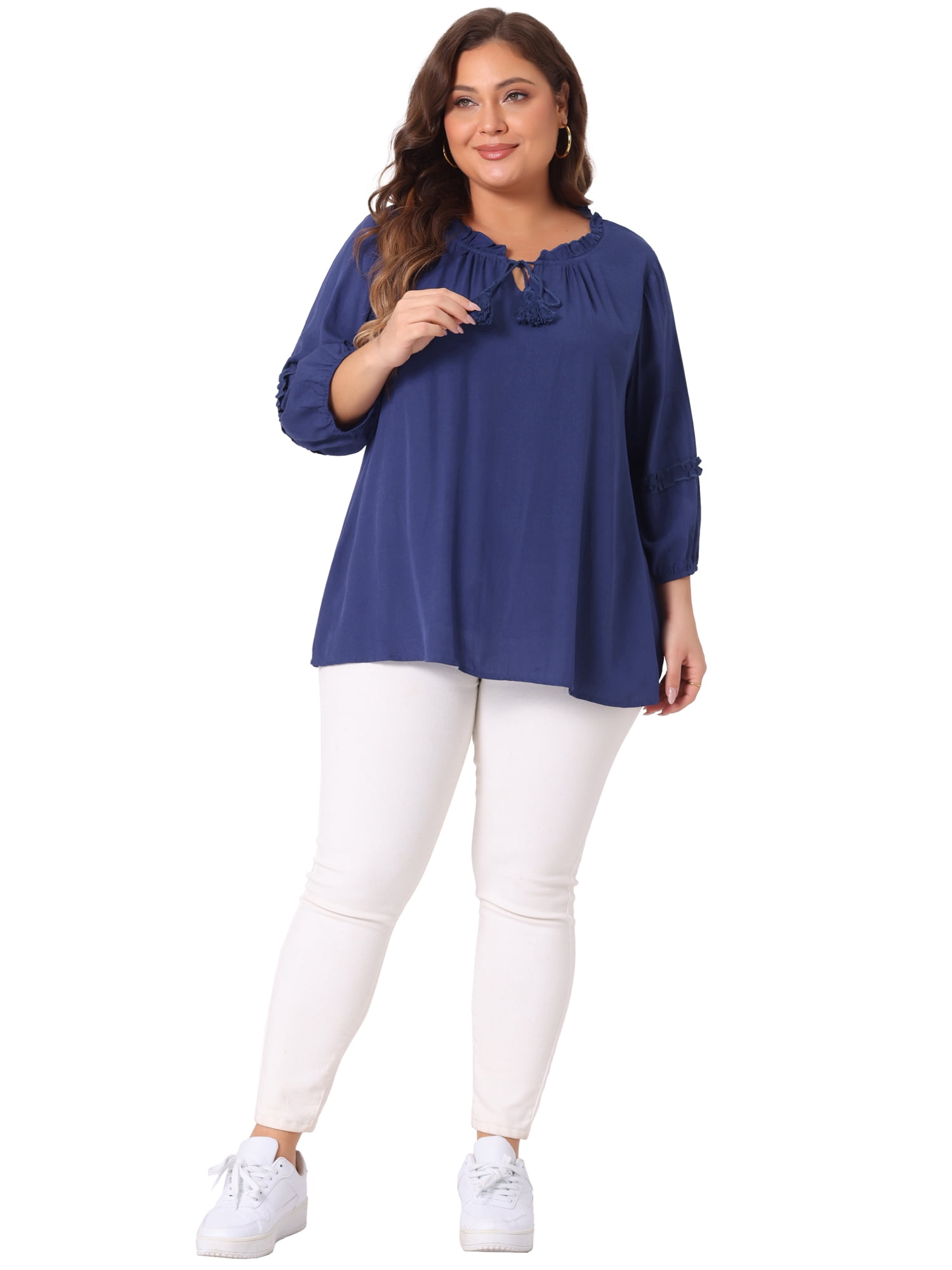 Women's Plus Tops Tie Neck Tassel Self Flutter 3/4 Sleeve Blouses Tops 4X Navy Blue