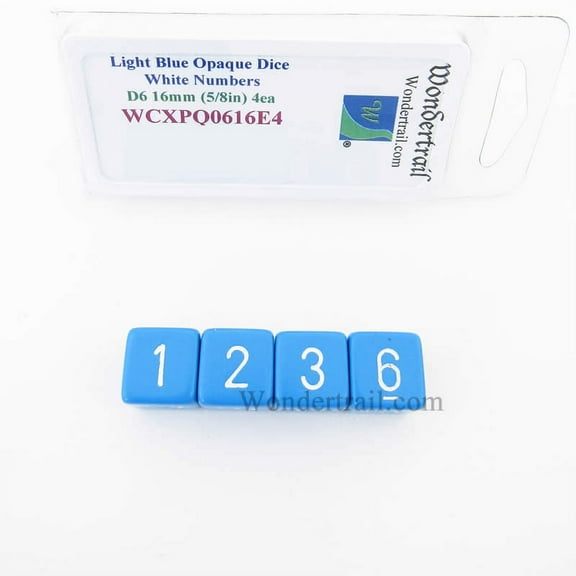 Light Blue Opaque Dice with White Numbers D6 Aprox 16mm (5/8in) Pack of 4 Wondertrail