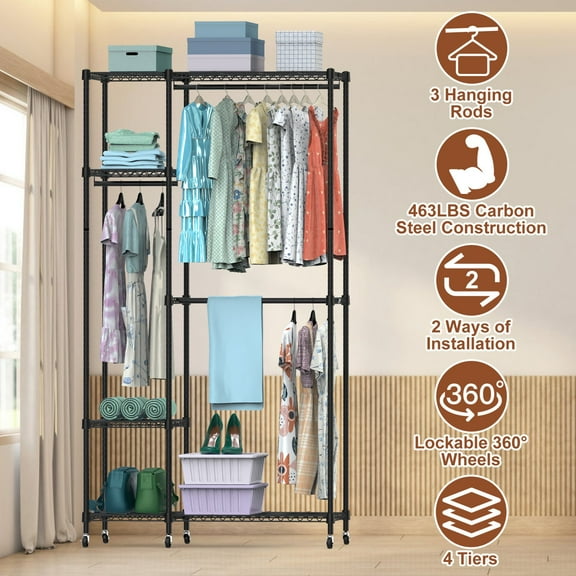 Moclever 4 Tier Heavy Duty Garment Rack with Wheels, Portable Carbon Steel Wardrobe Clothes Rack with 3 Hanging Rods 6 Footrests 44.9x17.13x77.95in