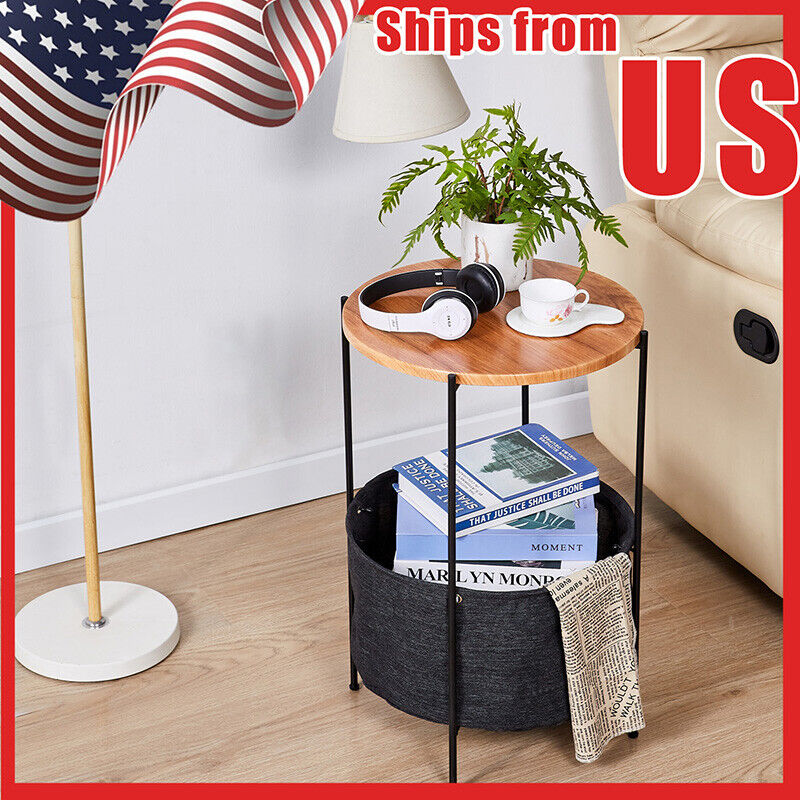 Clearance! Basics Round Storage End Table, Side Table with Cloth Basket