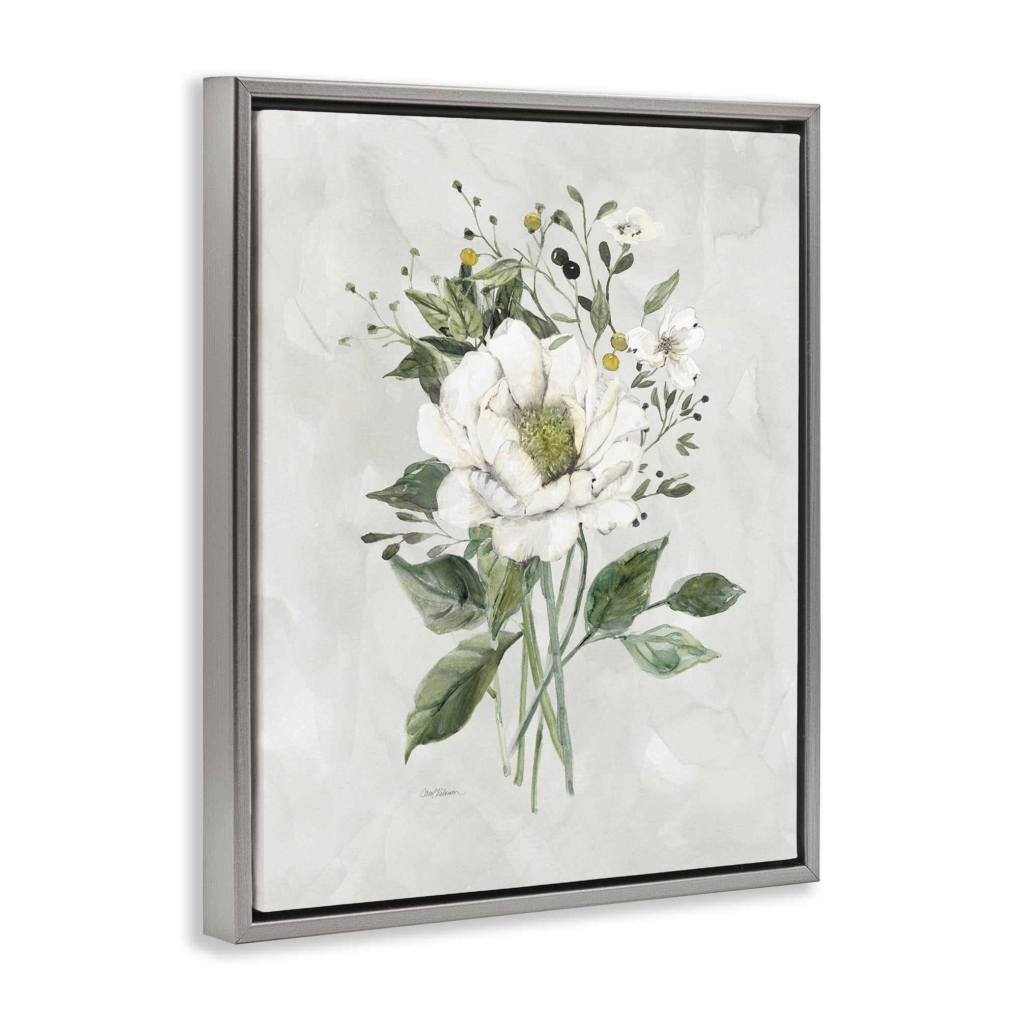 Stupell Industries White Flower Bundle Plants & Flowers Painting Gray Floater Framed Canvas Art Print Wall Art, 17 x 21