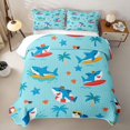 thumbnail image 2 of Manfei Cartoon Surf Shark Quilt King, Tropical Beach King Coverlet Set, Sky Blue, 3 Pieces, 1 Bedspread and 2 Pillowcases, 2 of 7