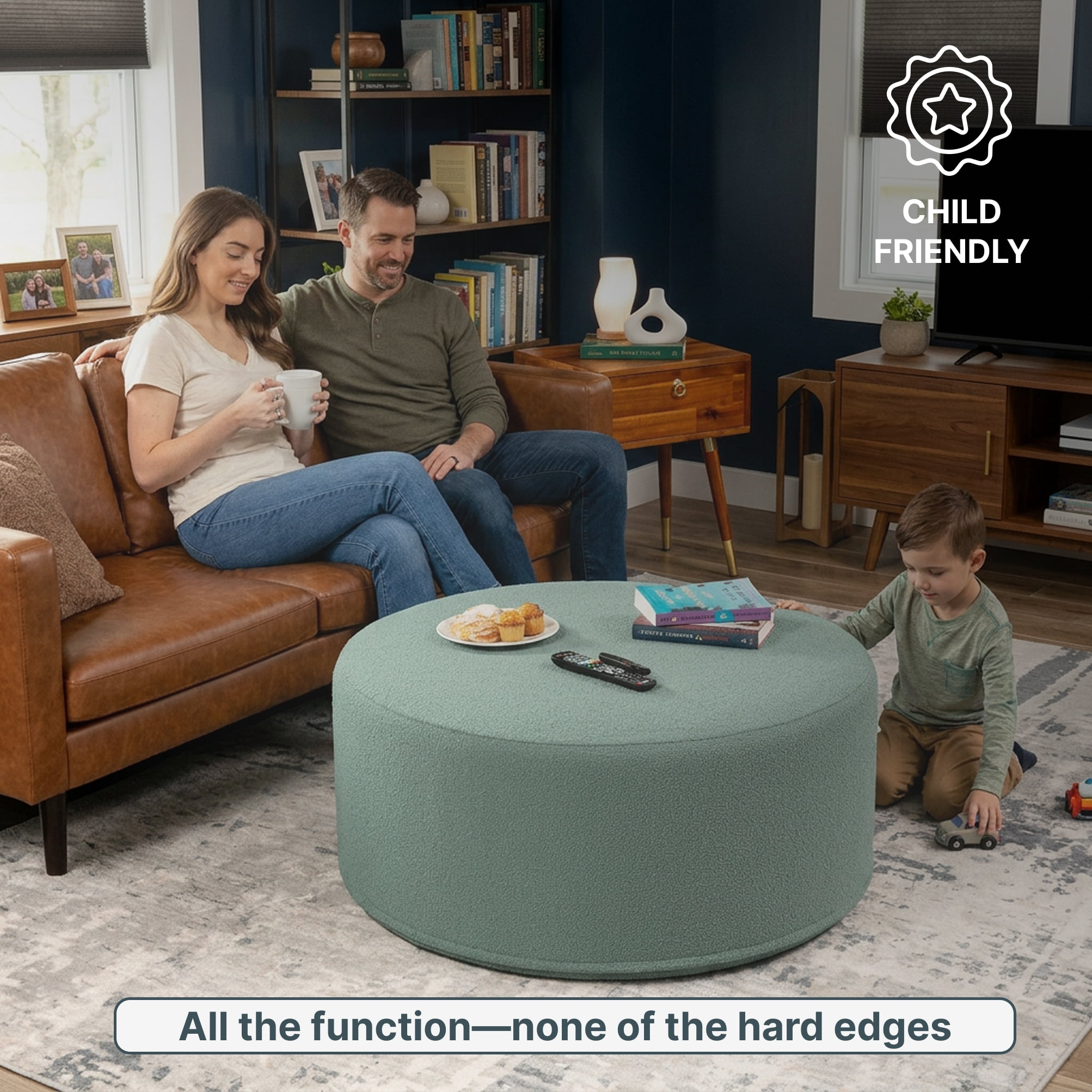 Jaxx Candler Round Coffee Table Ottoman, Large, 36-Inch, Boucle Silver
