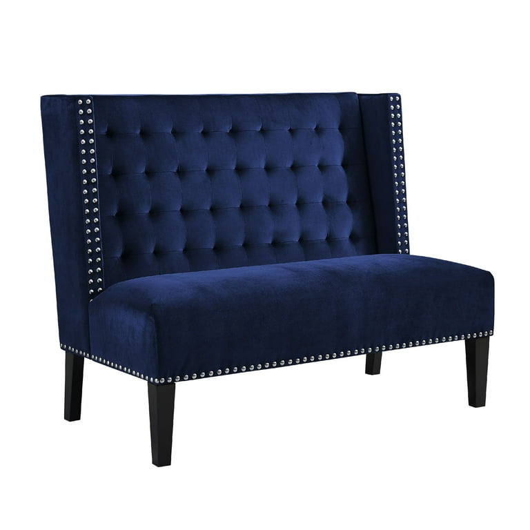 Tufted Nailhead Trim Entryway Bench in Navy Blue Velvet Walmart