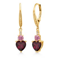 Gem Stone King 18K Yellow Gold Plated Silver Red Rhodolite Garnet Pink and White Lab Grown Diamond Drop Dangle Earrings for Women (3.53 Cttw, Heart Shape 7MM, Round 4MM)