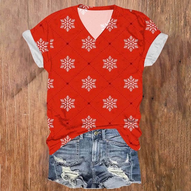 Puntoco Top de manga corta con cuello en V y estampado navideño para mujer