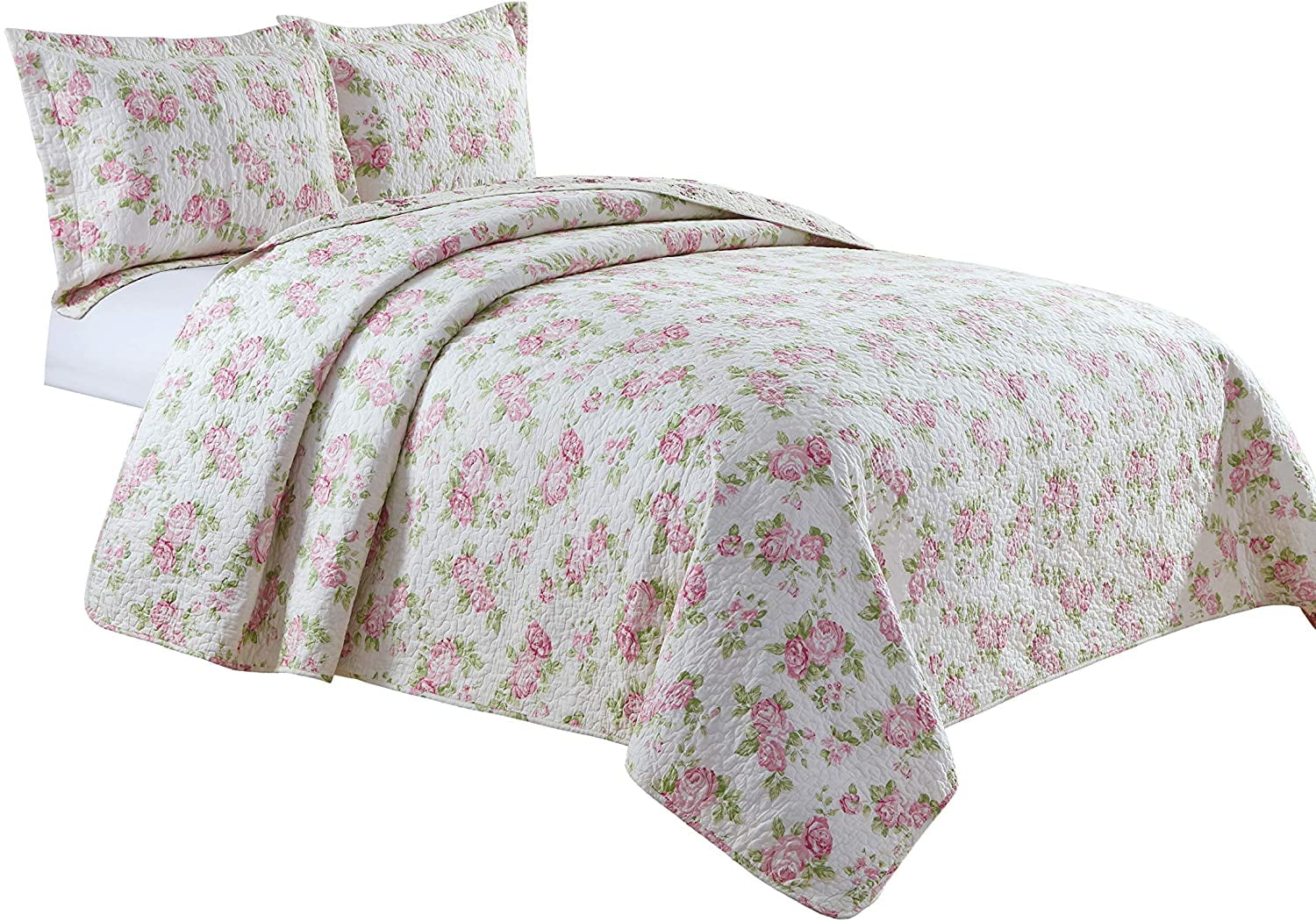 Chezmoi Collection Dakota 3-Piece Printed Pink Rose Cotton Quilt Set, Pink Floral Flower Reversible Stone Washed Lightweight Bedspread, Queen Size
