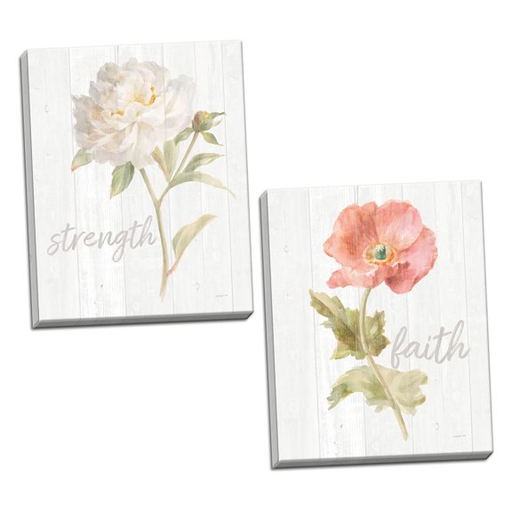 Gango Home Decor Shabby-Chic Garden Poppy on Wood Faith & Garden Peony on Wood Strength by Danhui Nai (Ready to Hang); Two 11x14in Hand-Stretched Canvases