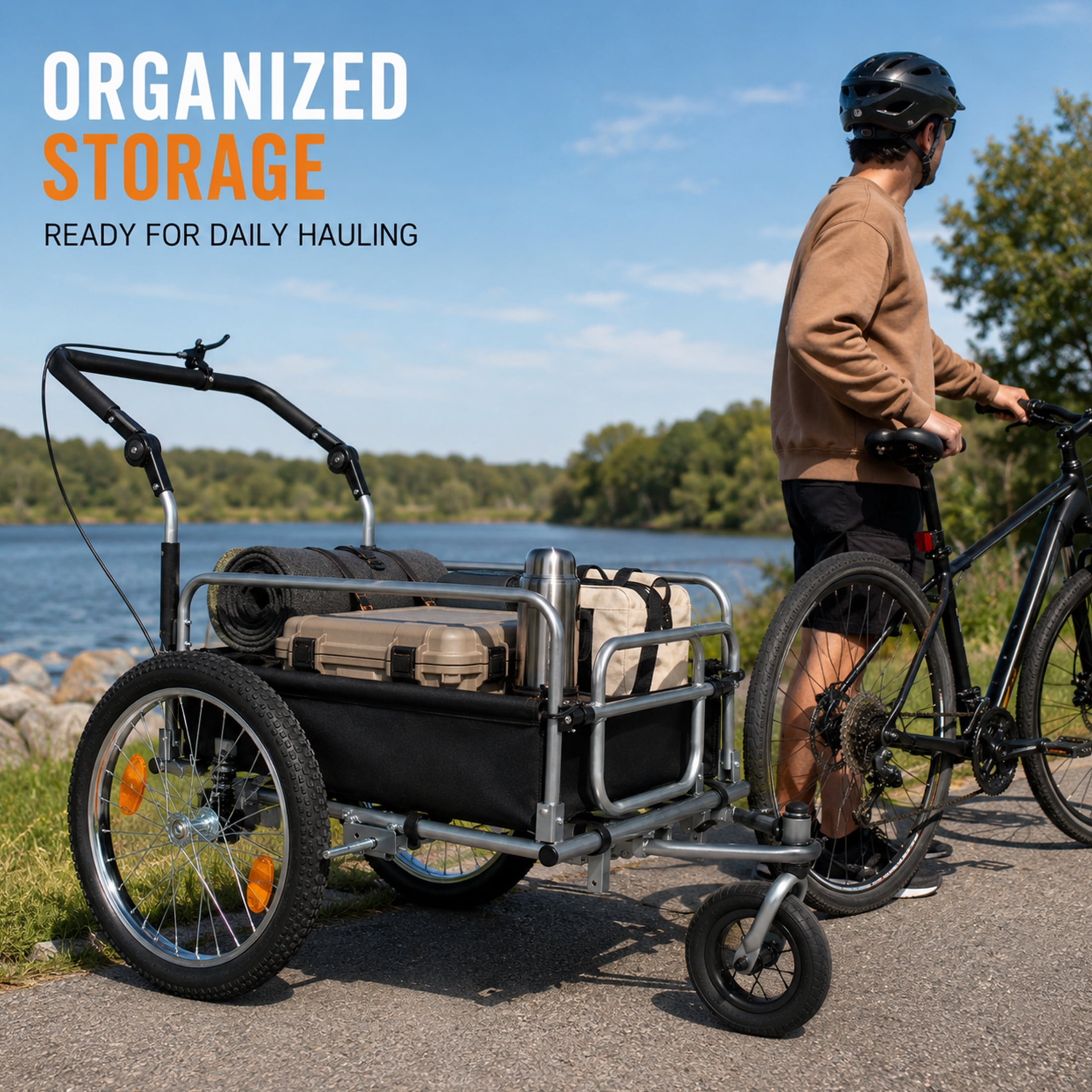 3-in-1 Heavy-Duty Bike Cargo Trailer with 20" Fat Tires, 150lbs Capacity Steel Frame Utility Wagon, Convertible Stroller and Pull Cart with Suspension and Safety Handbrake for Camping and Groceries